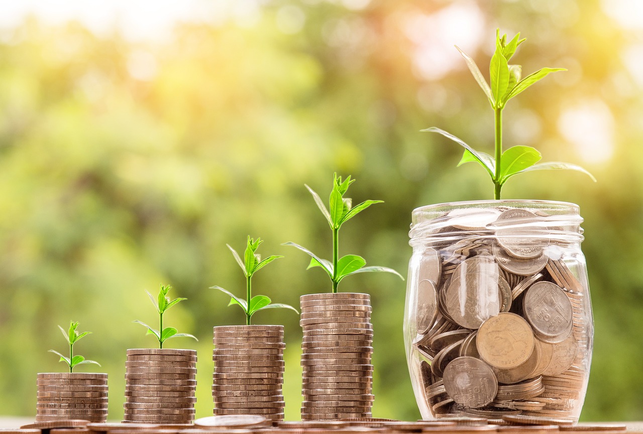 Stacks of coins, growing from small to large, with plants growing out of each of them.