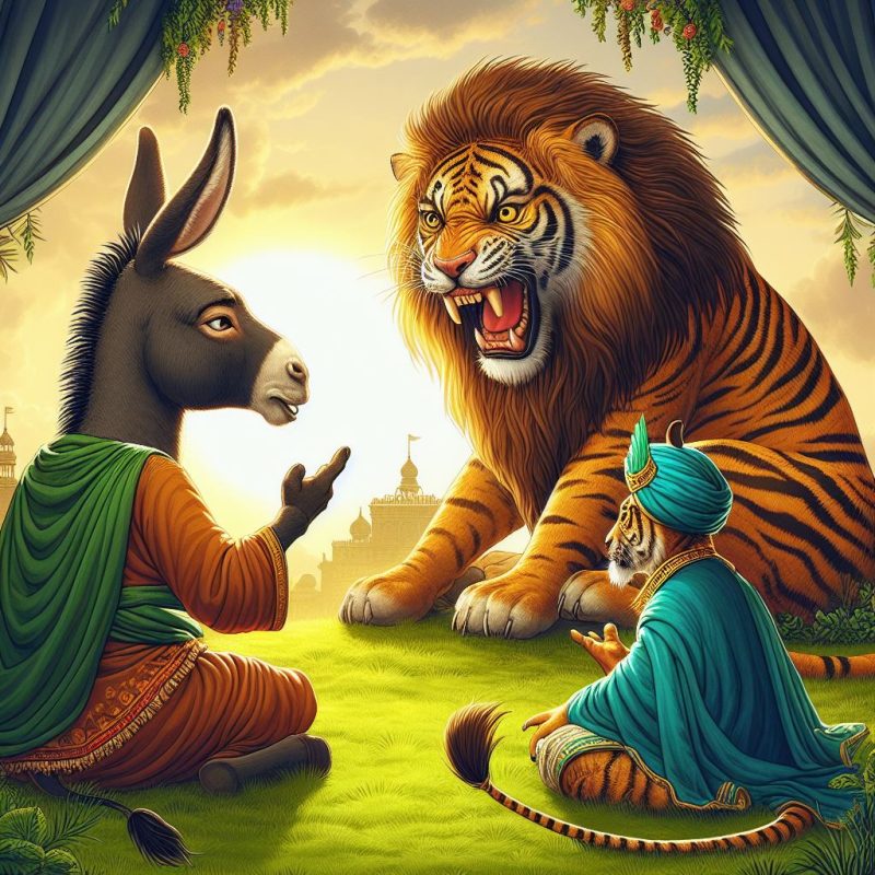 The image is a colorful, detailed illustration depicting a whimsical scene. A donkey, anthropomorphized and dressed in green traditional Indian attire, appears to be in an intense conversation with a lion, who is roaring back. A tiger, wearing a turban and blue attire, sits nearby, observing the exchange. The setting is outdoors, with lush green grass and a green curtain hanging from above. In the background, there’s a silhouette of an elaborate building structure resembling Indian architecture. The sky is bright with scattered clouds, suggesting it’s either dawn or dusk. 