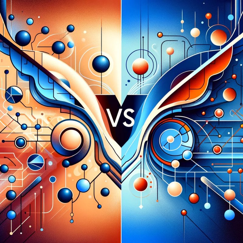 An illustrative comparison between Google Gemini and ChatGPT for generating alt-text, depicted through a split design. On the left, Google Gemini is symbolized by futuristic, abstract shapes in blues and greens, embodying innovation and digital intelligence. On the right, ChatGPT is represented through a network of interconnected nodes and lines in warm orange and red tones, highlighting advanced AI technology and communication. A bold 'VS' symbol in the center accentuates the competitive analysis between the two technologies, against a backdrop that merges both designs, suggesting a blend of competition and collaboration in the field of alt-text generation.