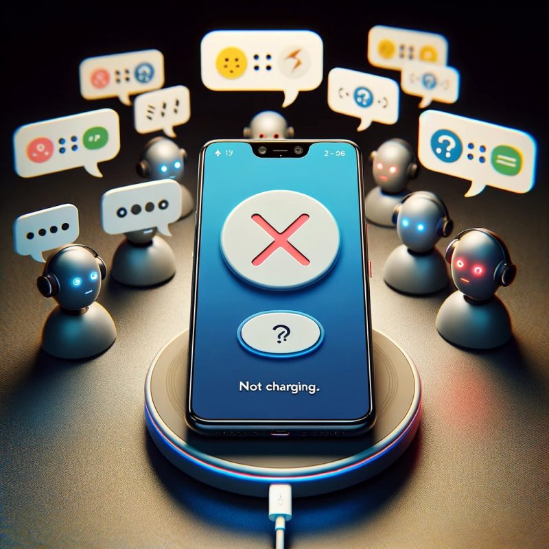 A Pixel 7 Pro smartphone is displayed on a wireless charging pad, not charging, indicated by a visible red cross or question mark on the screen. In the background, various AI chatbot icons are depicted in speech bubbles, each providing different pieces of advice or troubleshooting steps. The setting is tech-focused, with a lighthearted yet informative tone, highlighting the diversity of AI assistance in solving technical issues.