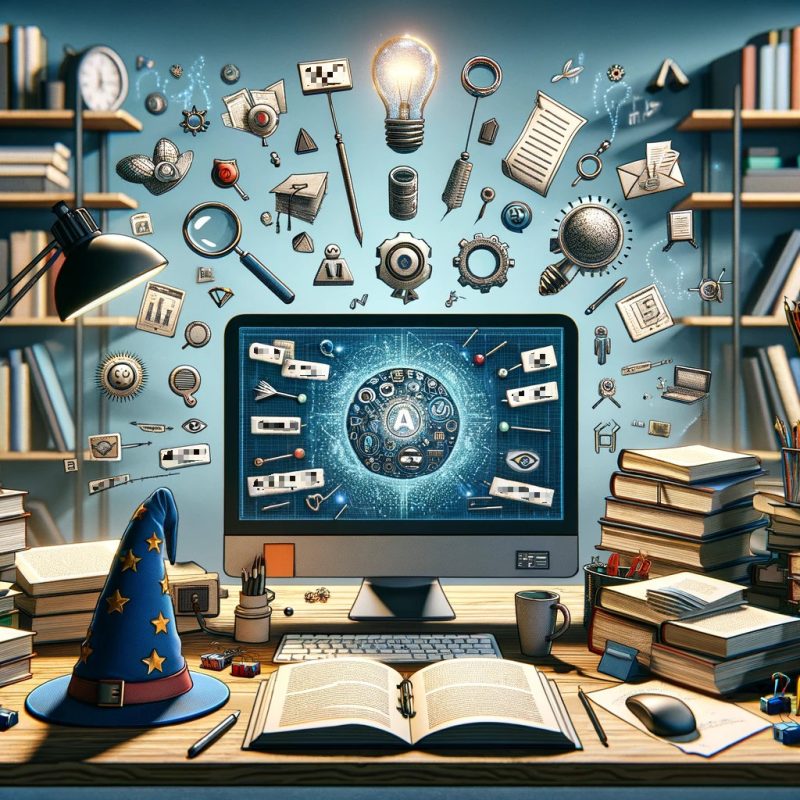This is a highly detailed and stylized digital artwork featuring a workspace scene. The scene is dominated by a central, large monitor displaying a complex and intricate design, which includes various gears, circuits, and a prominent letter 'A' in a futuristic style. Surrounding the monitor are floating objects that seem to defy gravity, including a light bulb emitting a soft glow, sheets of paper, electronic components, and household objects like a magnifying glass and a pair of glasses. The desk below is cluttered with an open book directly in front of the screen, a wizard's hat with stars and a moon pattern to the left, and stacks of hardcover books to the right. Various items like pencils, a notebook, a coffee cup, and other office supplies are scattered across the desk. The background features a bookshelf filled with books and a wall-mounted clock, adding to the ambiance of an intellectual and creative space. The lighting is warm and comes from the left, casting soft shadows and giving depth to the objects. The overall impression is one of magical innovation and intellectual pursuit, as if the space belongs to a wizard in the modern age of technology.