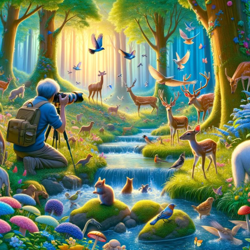 This is a vibrant and fantastical illustration showing a photographer, kneeling with their camera on a tripod, capturing the serene beauty of an enchanted forest. The scene is drenched in sunlight filtering through the canopy, illuminating an array of flora and fauna. Several species of animals are depicted in harmony, including deer, rabbits, foxes, hedgehogs, and various birds, some in flight and others perched by the water. The flowing creek adds a sense of tranquility, with fish visible beneath the surface. This magical setting is bursting with color, from the lush green trees to the richly colored flowers and moss-covered stones. Butterflies flit in the air, adding to the fairytale ambiance. The composition invokes a sense of wonder and the richness of untouched nature through ethical photography.