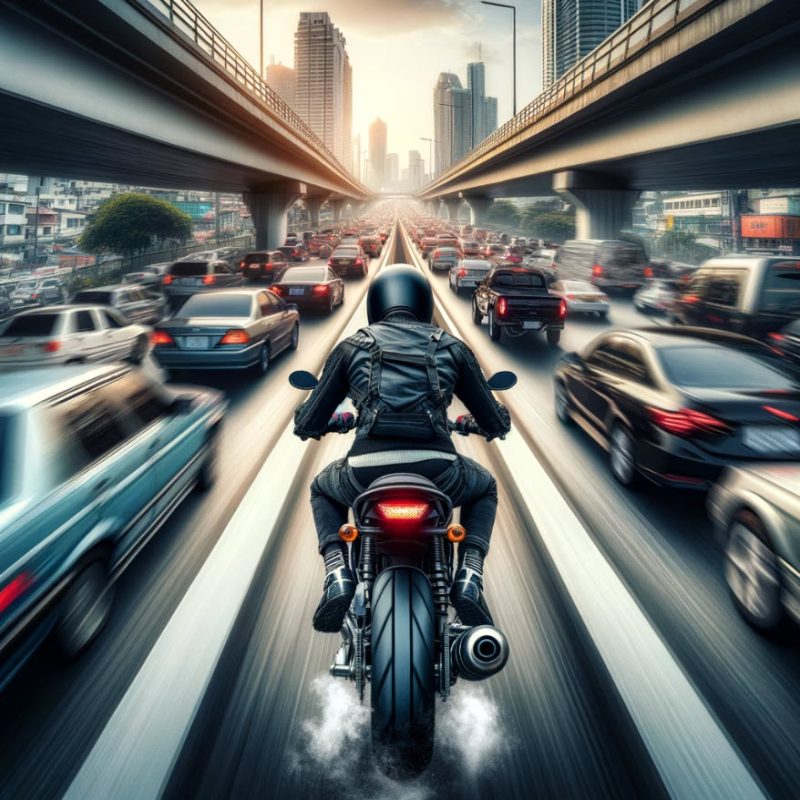 A dynamic daytime traffic scene on a multi-lane highway, viewed from behind a motorcyclist engaged in lane splitting. The motorcyclist, in clear focus, wears a black helmet, black jacket, white gloves, and light-colored pants, navigating skillfully between lanes. Surrounding vehicles include a mix of cars and a pickup truck, with urban buildings and a clear blue sky in the background, capturing the essence of rush-hour congestion.