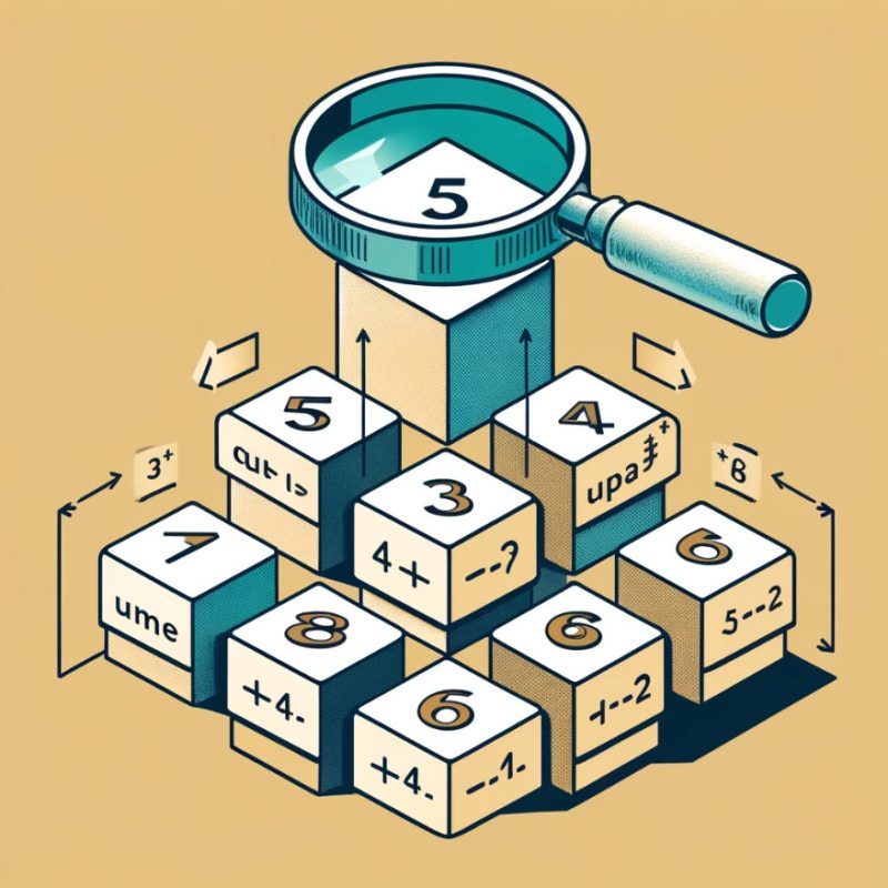 This image is an illustration featuring a stylized scene with a central magnifying glass focused on a number 5 on a cube. The magnifying glass has a classic design with a blue tinted glass and a beige handle. Surrounding the magnifying glass are multiple cubes with numbers and mathematical symbols on their faces. The cubes have different numerical values such as 3, 4, 5, 6, 7, and 8, with mathematical operations next to them like "+4," "-2," "x4," and "?". Arrows around the cubes suggest movement or rearrangement, implying a dynamic or interactive aspect to the puzzle-like setting. The overall color scheme is warm with a monochromatic tan background that complements the blue and white of the cubes. The image could be interpreted as a metaphor for problem-solving, analysis, or mathematics, as it appears to represent a numerical puzzle or game being examined or solved.