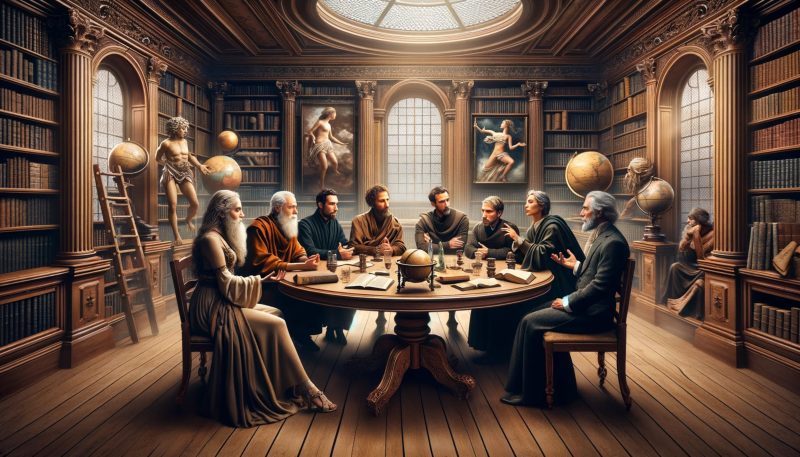 This image features a conceptual debate with eight philosophers, engaged in an intense discussion around a round wooden table in a sophisticated library setting. Each philosopher displays distinct styles, reflecting a blend of traditional and modern attire appropriate to their philosophical eras. The room is adorned with bookshelves, globes, and ancient scrolls, symbolizing a mix of historical and contemporary thought. The philosophers are actively conversing and gesturing, highlighting their engagement in the intellectual exchange. The atmosphere is charged with a pursuit of knowledge and understanding, set under a domed ceiling that casts a warm, inviting light over the scene.